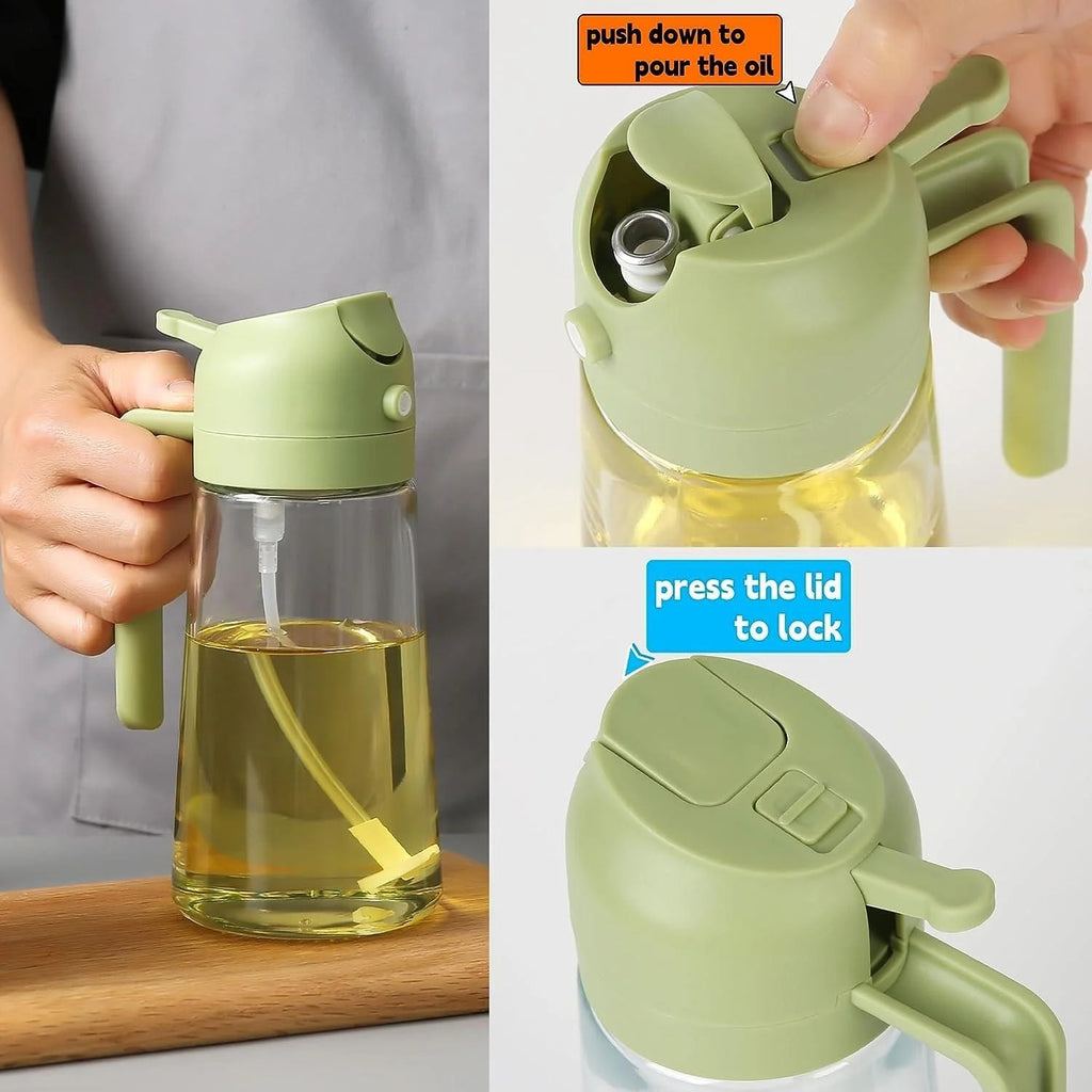 2-in-1 Oil Spray Bottle | Adjustable Mist & Dispenser | 470ml Leak-Proof Glass Container | For Cooking, BBQ, Baking & Air Fryer 470ml (Random Color)
